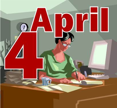 woman working at desk, April and the number 4