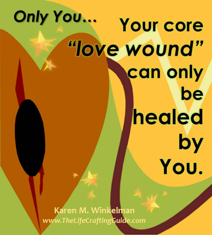 wounded heart graphic with word: YourCore "love wound" can only be healed by you. 