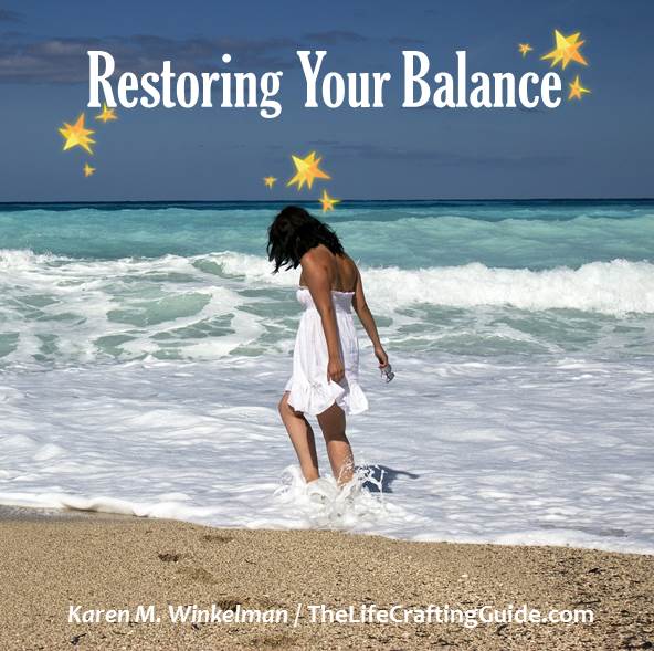 Wonan standing in surf at beach with words "Restoring your balance"
