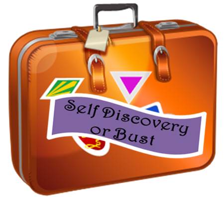 Suitcase with words self discovery or bust