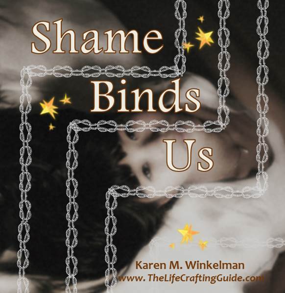 Woman overlayed with chains and the words: Shame Binds Us